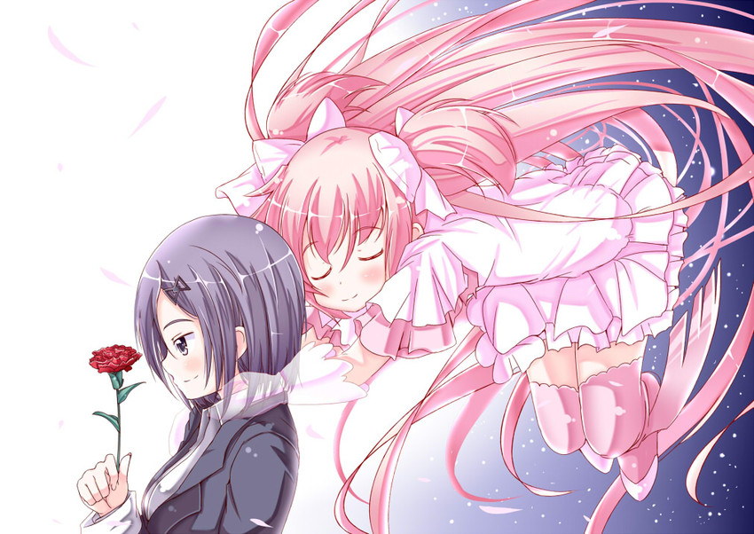 kaname madoka, ultimate madoka, and kaname junko (mahou shoujo madoka magica) drawn by mad_(hazukiken)