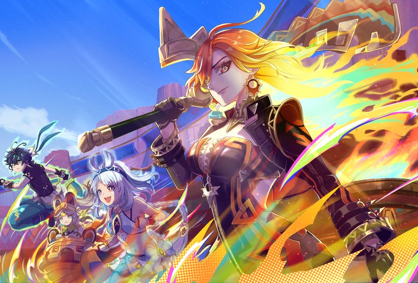 mavuika, mualani, kinich, and kachina (genshin impact) drawn by azukimaru