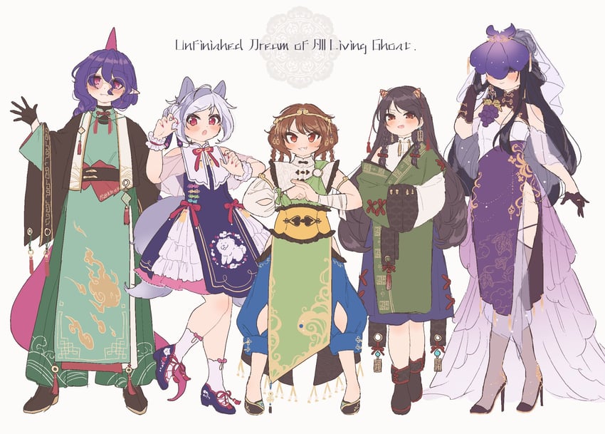 yomotsu hisami, tenkajin chiyari, son biten, nippaku zanmu, and mitsugashira enoko (touhou and 1 more) drawn by sakurasaka