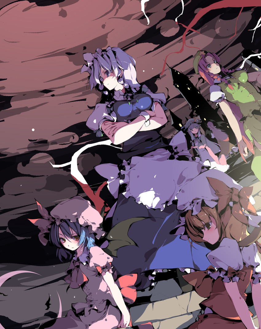 remilia scarlet, flandre scarlet, izayoi sakuya, patchouli knowledge, hong meiling, and 1 more (touhou) drawn by sakura_sora