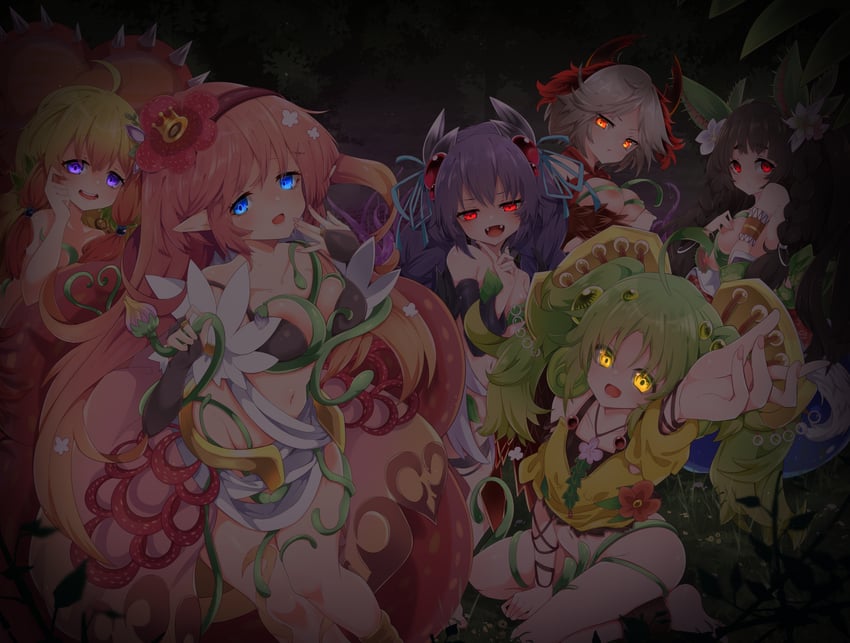 traptrix sera, traptrix rafflesia, traptrix atrax, traptrix myrmeleo, traptrix nepenthes, and 1 more (yu-gi-oh!) drawn by kurarome