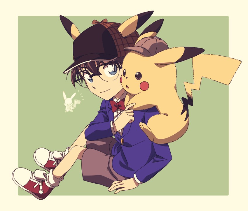 pikachu, edogawa conan, and detective pikachu (pokemon and 2 more) drawn by hage_ta