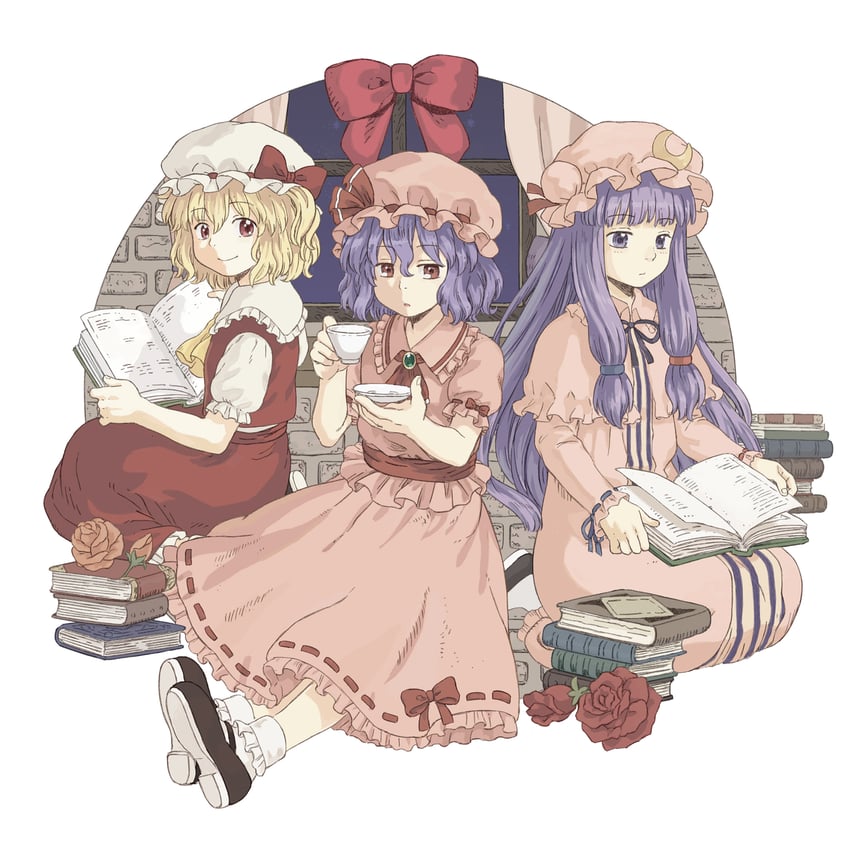 remilia scarlet, flandre scarlet, and patchouli knowledge (touhou) drawn by renzaoshen