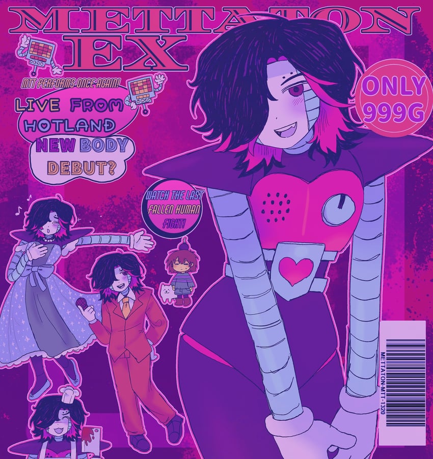 frisk, mettaton, mettaton ex, and annoying dog (undertale) drawn by aubergieine
