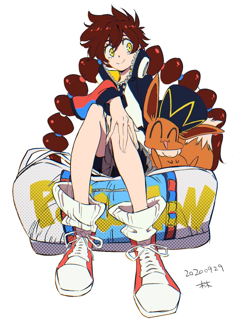 eevee and gotcha! girl (pokemon and 1 more) drawn by hayashi_yuuki