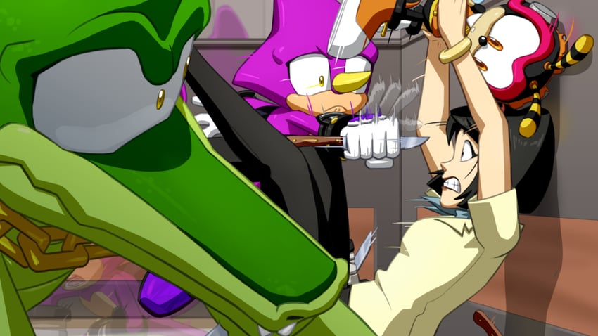 espio the chameleon, vector the crocodile, charmy bee, and brenda (sonic and 1 more) drawn by joeadok