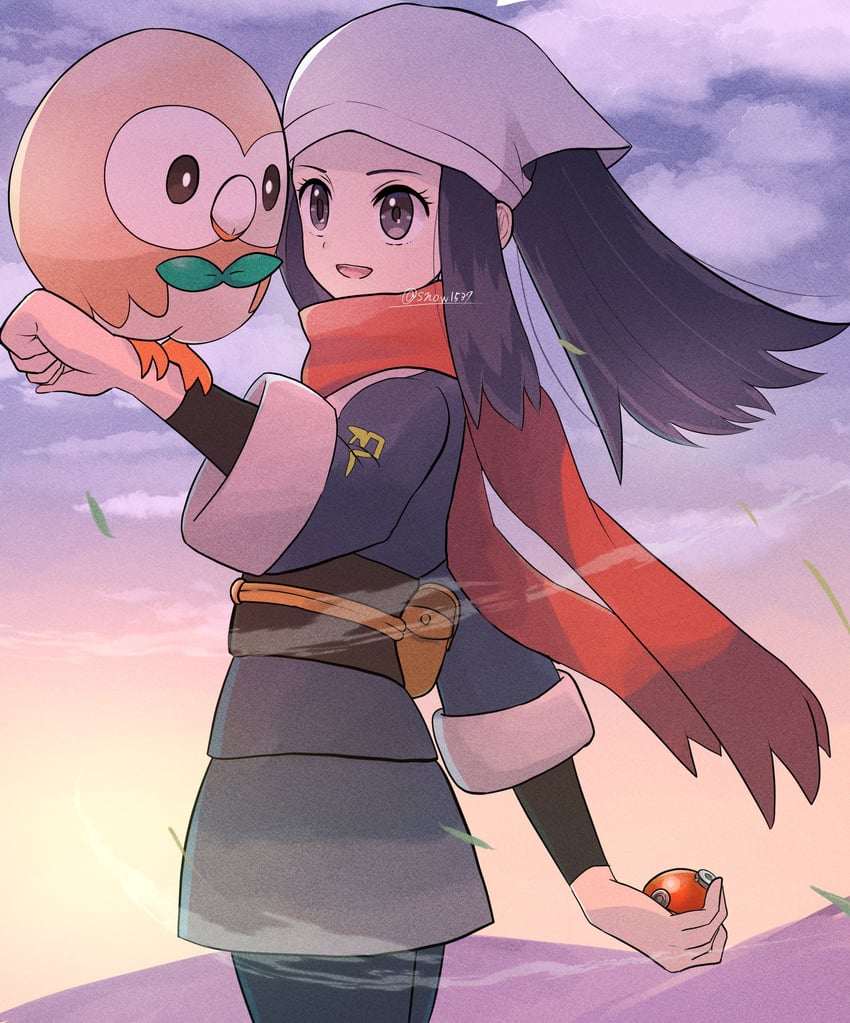 akari and rowlet (pokemon and 1 more) drawn by snow_(ffgf7255)