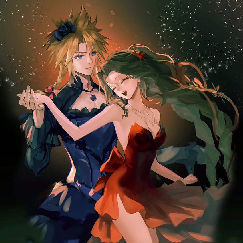 cloud strife and aerith gainsborough (final fantasy and 2 more) drawn by yaoko