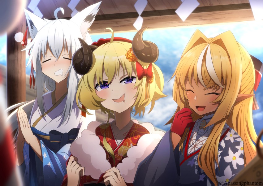 shirakami fubuki, shiranui flare, and tsunomaki watame (hololive) drawn by a_passing_phantom