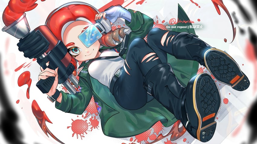 octoling player character and octoling girl (splatoon and 1 more) drawn by jinkoika