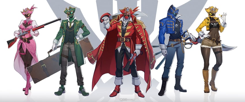 gokai red, gokai yellow, gokai pink, gokai blue, and gokai green (super sentai and 1 more) drawn by tongzhen_ganfan
