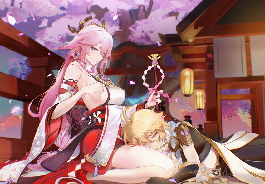 aether and yae miko (genshin impact) drawn by jiao_@yan