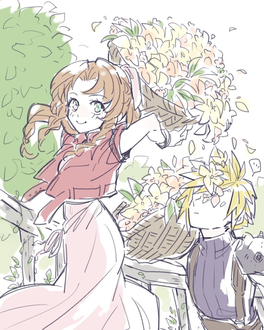 cloud strife and aerith gainsborough (final fantasy and 2 more) drawn by kuri6_4