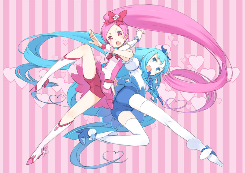 kurumi erika, hanasaki tsubomi, cure marine, and cure blossom (precure and 1 more) drawn by kuroboshi_kouhaku