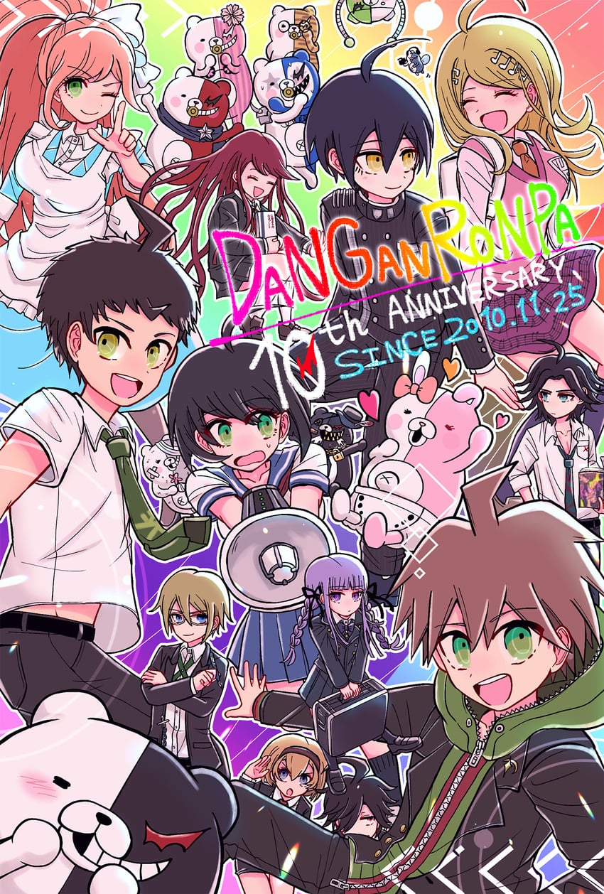 saihara shuichi, hinata hajime, akamatsu kaede, kirigiri kyoko, monokuma, and 18 more (danganronpa and 7 more) drawn by nerine_fujikawa