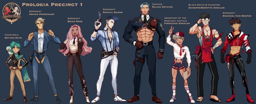 satou kotarou, archie pendragon, danyal baron, pinocchio ardalos, emanuel van redfor, and 3 more (fairytale police hoe department) drawn by idoraad