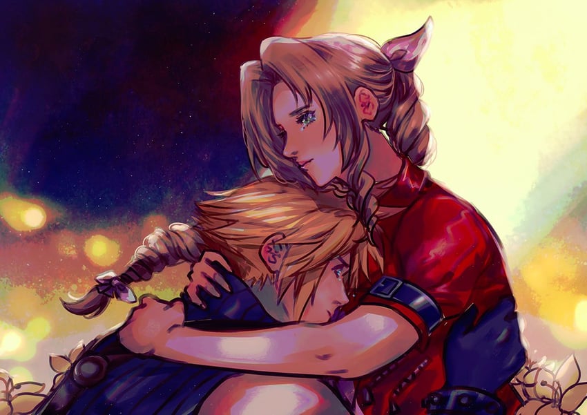 cloud strife and aerith gainsborough (final fantasy and 2 more) drawn by sera_(serappi)