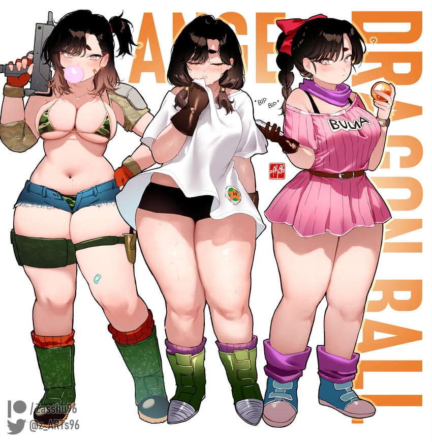 bulma, videl, and ange (original and 2 more) drawn by zasshu