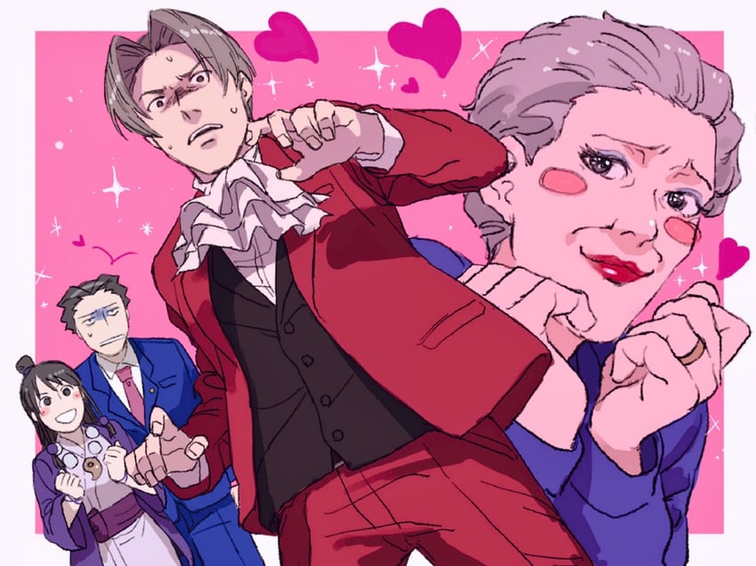 phoenix wright, miles edgeworth, maya fey, and wendy oldbag (ace attorney) drawn by sawa_(2384)