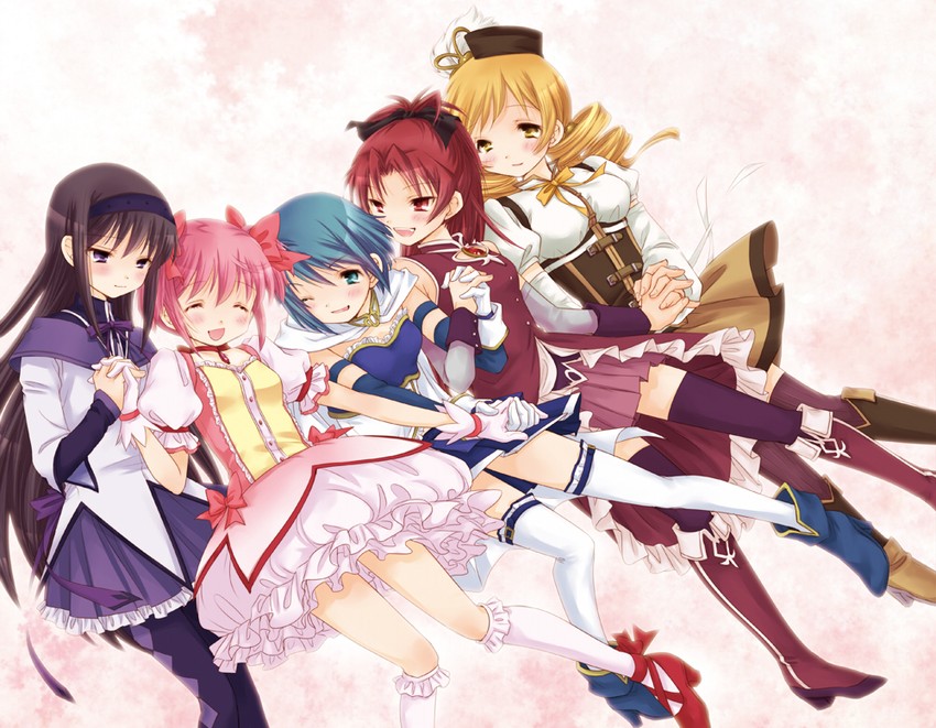 akemi homura, kaname madoka, miki sayaka, sakura kyoko, and tomoe mami (mahou shoujo madoka magica) drawn by musukichi