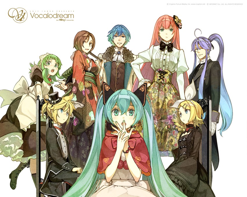 hatsune miku, kagamine rin, kagamine len, megurine luka, kaito, and 3 more (vocaloid and 2 more) drawn by hidari_(left_side)
