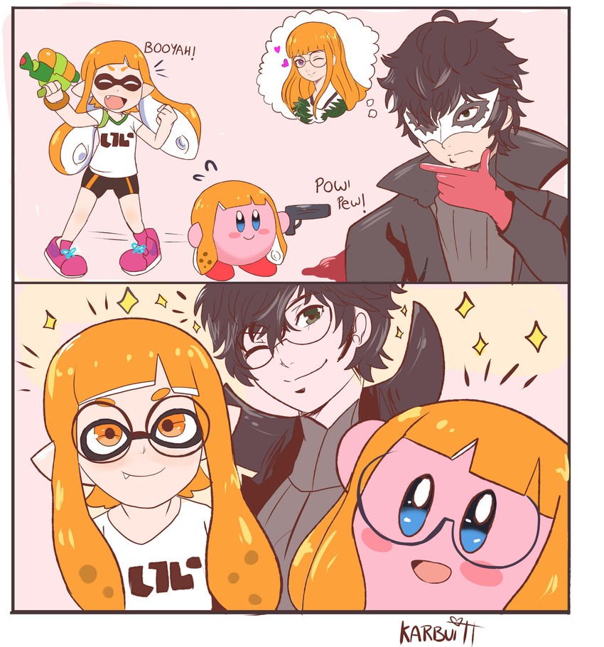 inkling player character, inkling girl, kirby, amamiya ren, sakura futaba, and 2 more (persona and 5 more) drawn by karbuitt