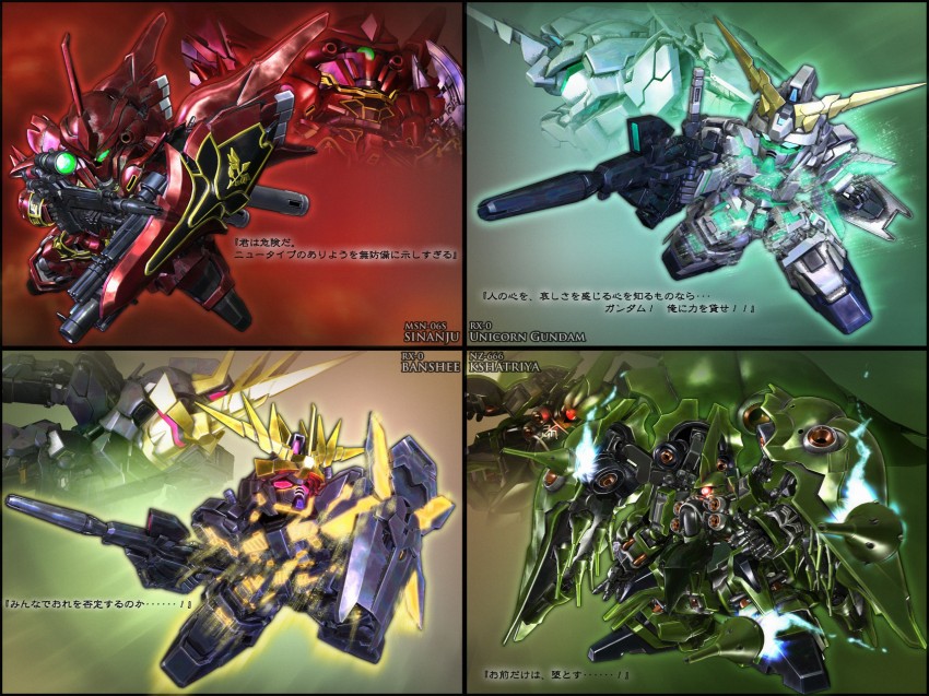 unicorn gundam, unicorn gundam banshee, kshatriya, and sinanju (gundam and 2 more) drawn by a_mituhashi