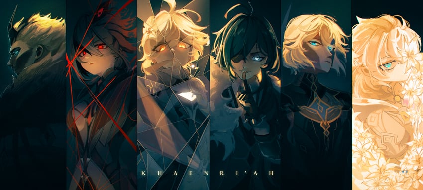lumine, aether, kaeya, albedo, dainsleif, and 2 more (genshin impact) drawn by incroyablekunn