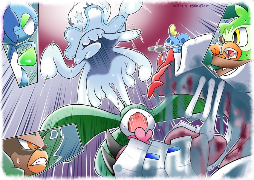 sobble, grookey, nihilego, golisopod, rillaboom, and 3 more (pokemon) drawn by takigawa_geenito