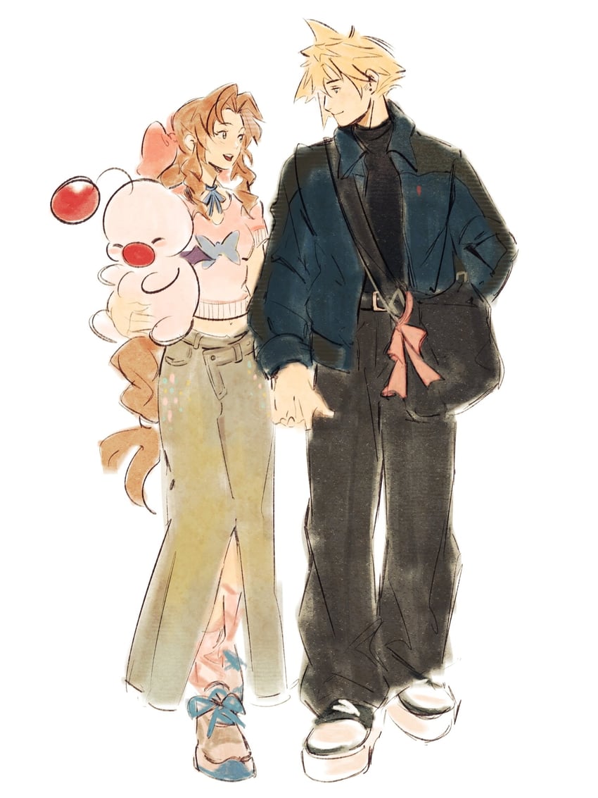 cloud strife, aerith gainsborough, and moogle (final fantasy and 1 more) drawn by mmariesr