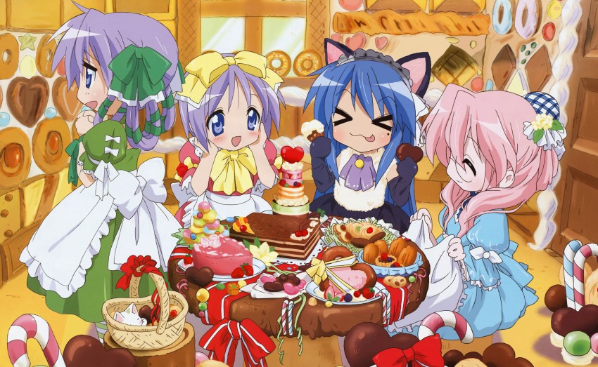 hiiragi kagami, izumi konata, hiiragi tsukasa, takara miyuki, and nyamou (lucky star and 1 more) drawn by ueno_chiyoko