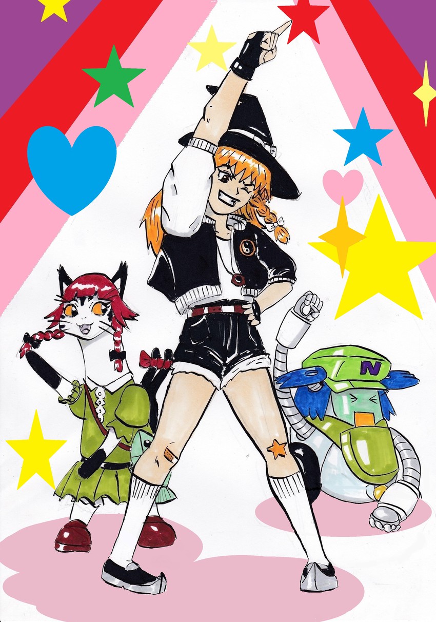 kirisame marisa, kaenbyou rin, kawashiro nitori, dandy, meow, and 1 more (touhou and 1 more) drawn by doragon_(mangaz555)