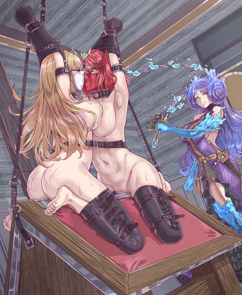 pyra, mythra, and brighid (xenoblade chronicles and 1 more) drawn by leveen