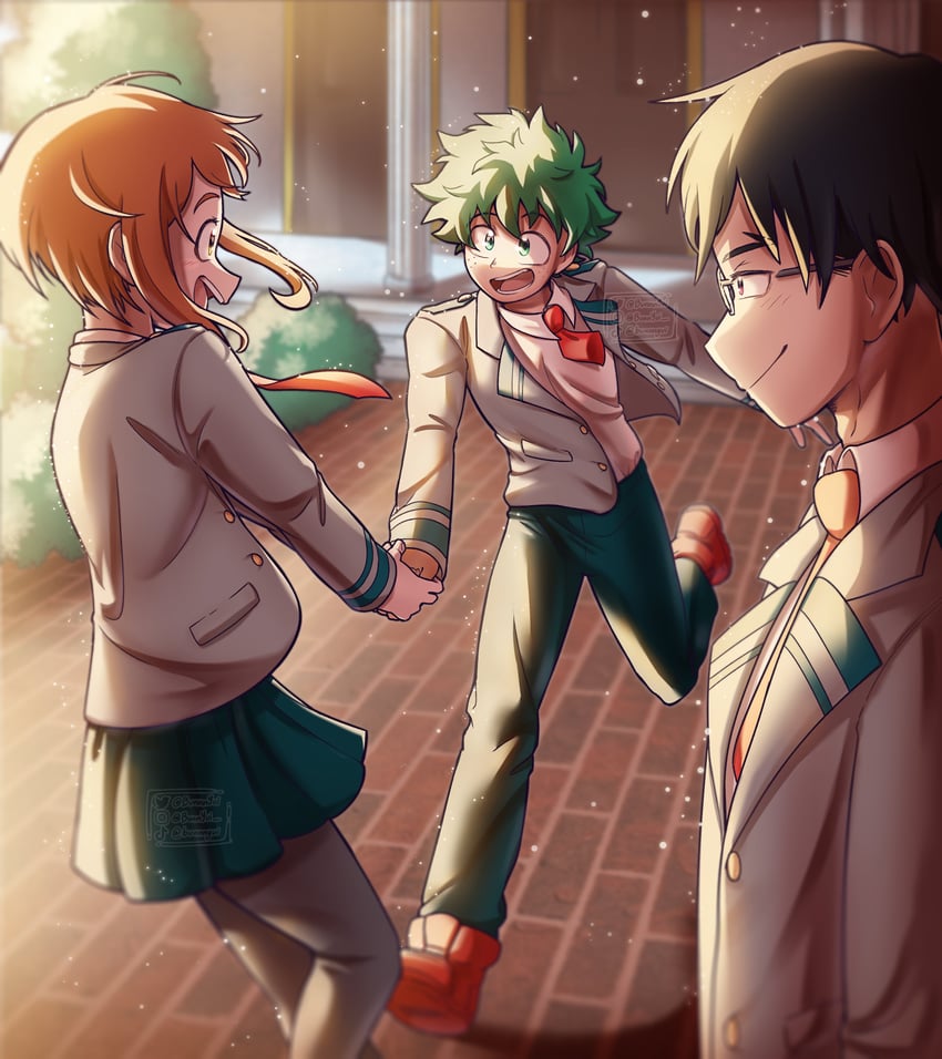midoriya izuku, uraraka ochaco, and iida tenya (boku no hero academia) drawn by bunnnyui