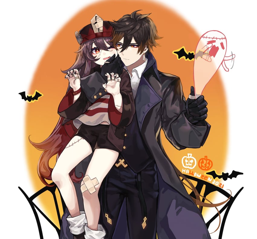 hu tao, zhongli, boo tao, frankenstein's monster, and victor frankenstein (genshin impact and 1 more) drawn by sp0i0ppp