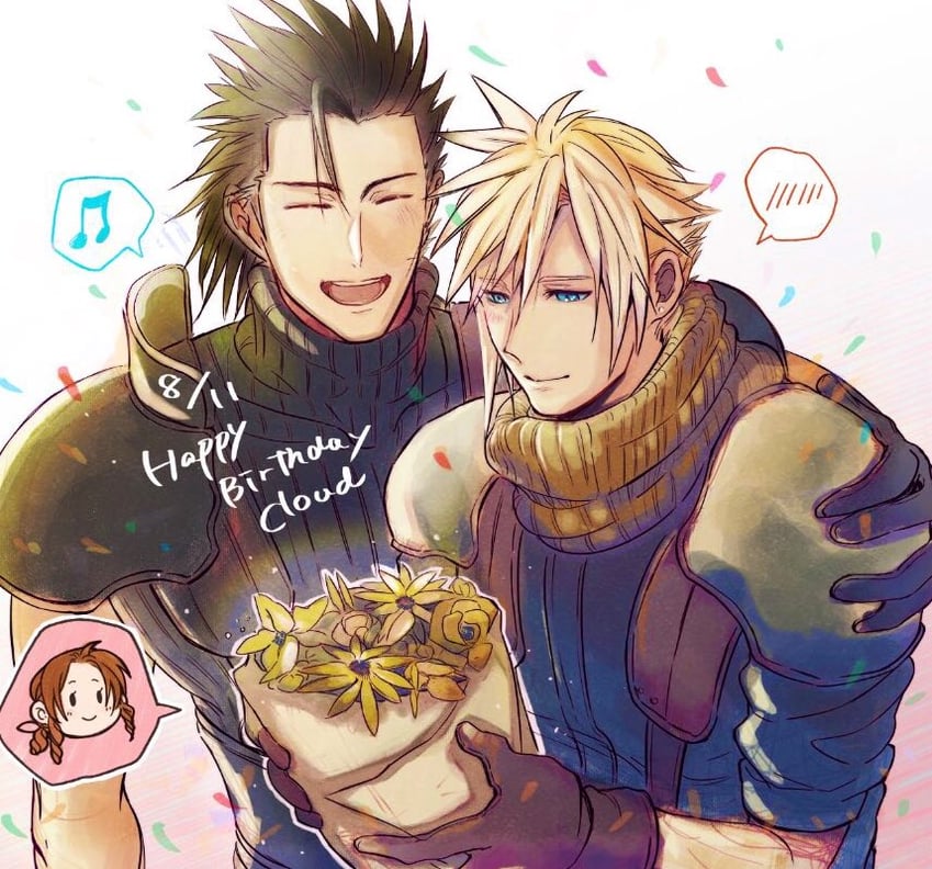 cloud strife, aerith gainsborough, and zack fair (final fantasy and 1 more) drawn by 2b_fff