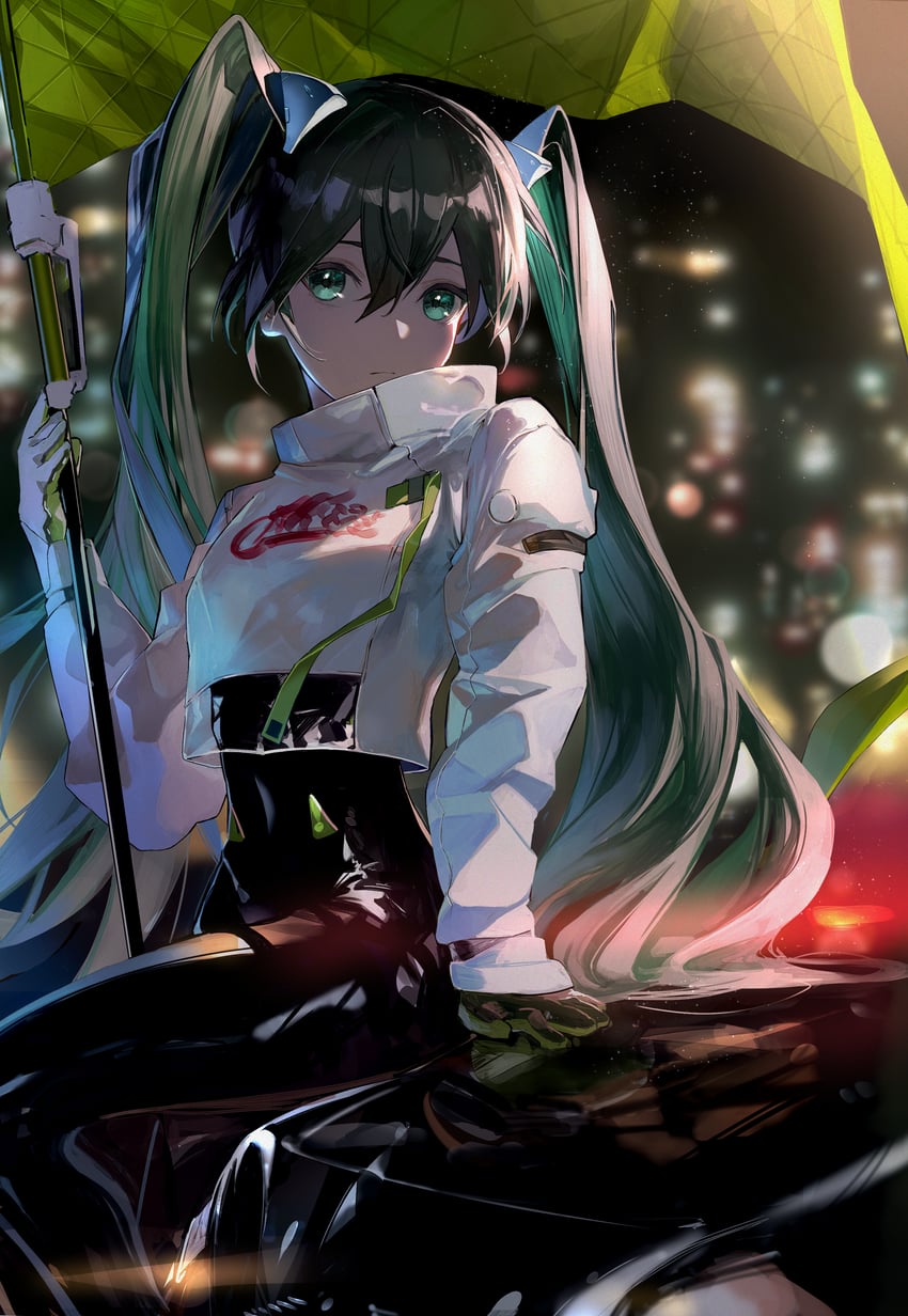hatsune miku and racing miku (vocaloid and 1 more) drawn by karasuro