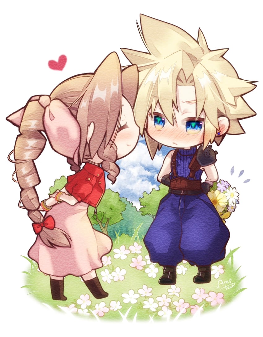 cloud strife and aerith gainsborough (final fantasy and 3 more) drawn by arestear0701