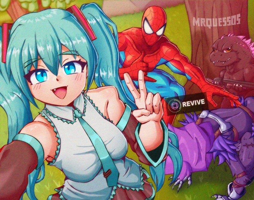 hatsune miku, spider-man, godzilla, godzilla evolved, and raven team leader (vocaloid and 7 more) drawn by mrquessos