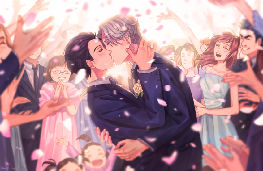 katsuki yuuri, viktor nikiforov, nishigoori yuuko, nishigoori loop, nishigoori axel, and 3 more (yuri!!! on ice) drawn by ameli-ya