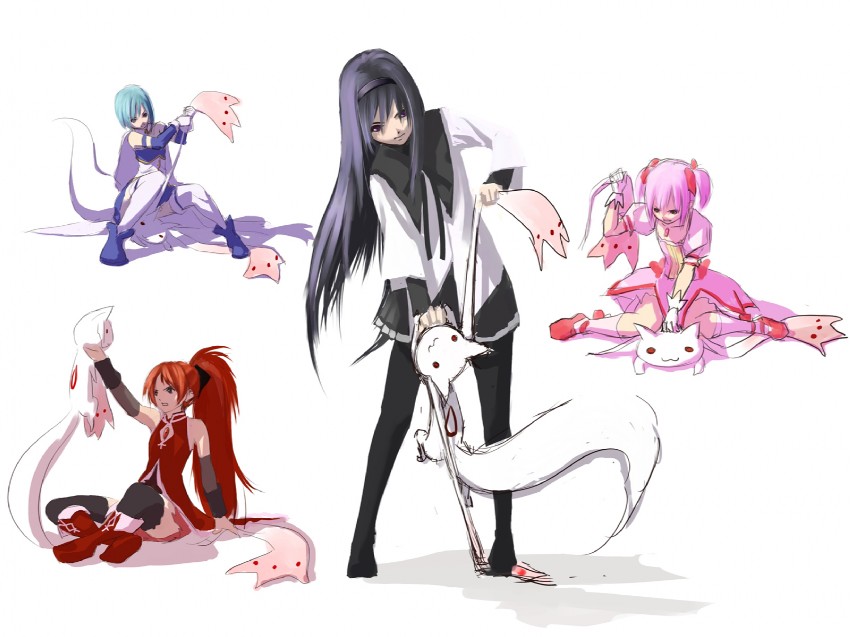 akemi homura, kaname madoka, miki sayaka, sakura kyoko, and kyubey (mahou shoujo madoka magica) drawn by koharu_nosuke