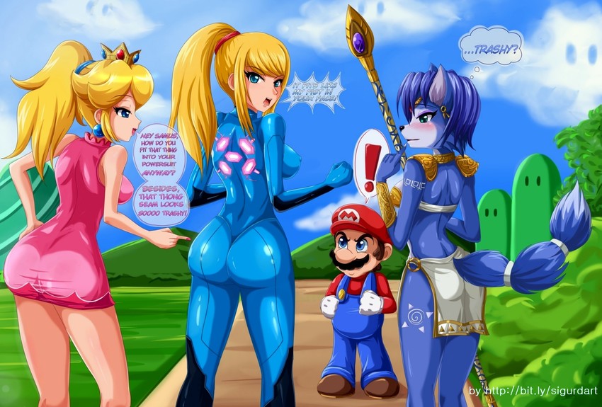 princess peach, samus aran, and mario (mario and 1 more) drawn by sigurd_hosenfeld