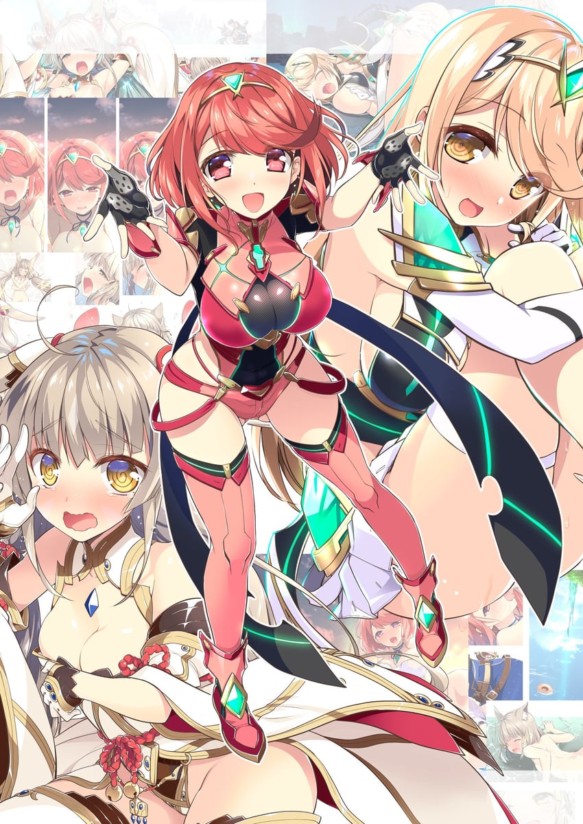pyra, mythra, and nia (xenoblade chronicles and 1 more) drawn by watsuki_ayamo