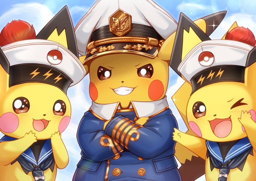 pikachu, pichu, and captain pikachu (pokemon) drawn by suzushiro_(gripen39)
