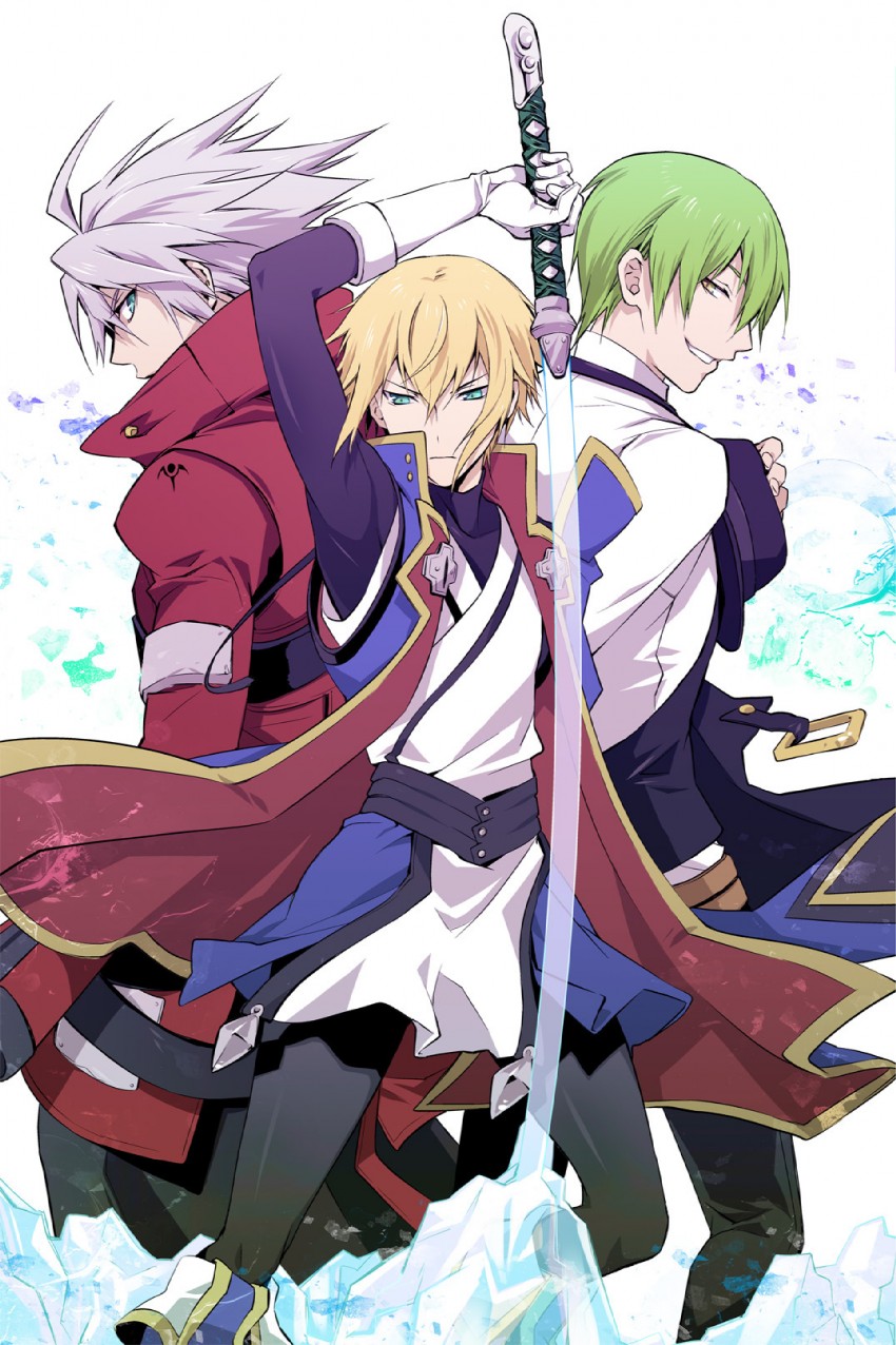 ragna the bloodedge, jin kisaragi, and hazama (blazblue) drawn by sumeshi_(ambivalince)