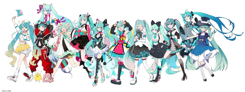 hatsune miku, kagamine rin, megurine luka, magical mirai miku, and takoluka (vocaloid and 1 more) drawn by omutatsu