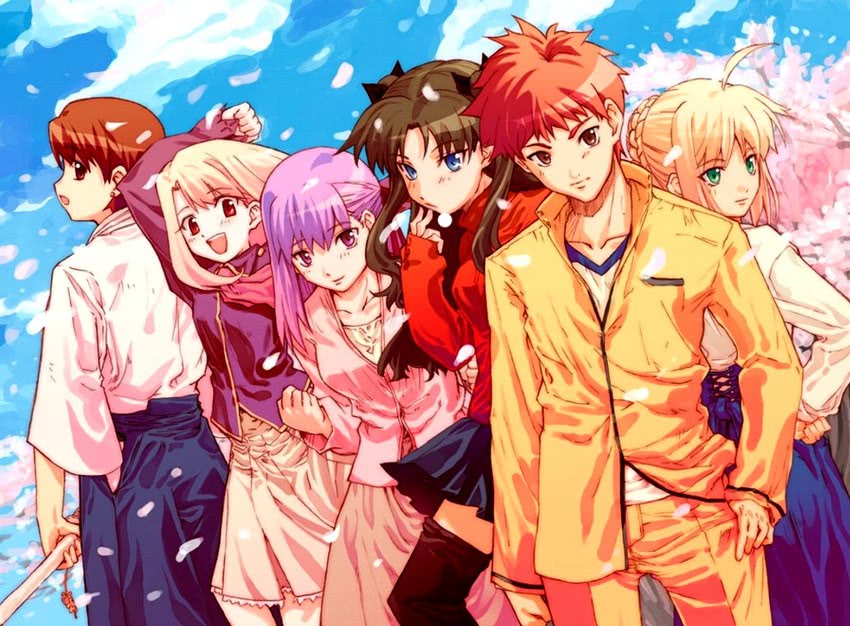 artoria pendragon, saber, tohsaka rin, illyasviel von einzbern, emiya shirou, and 2 more (fate and 1 more) drawn by fuzuki_yoshihiro