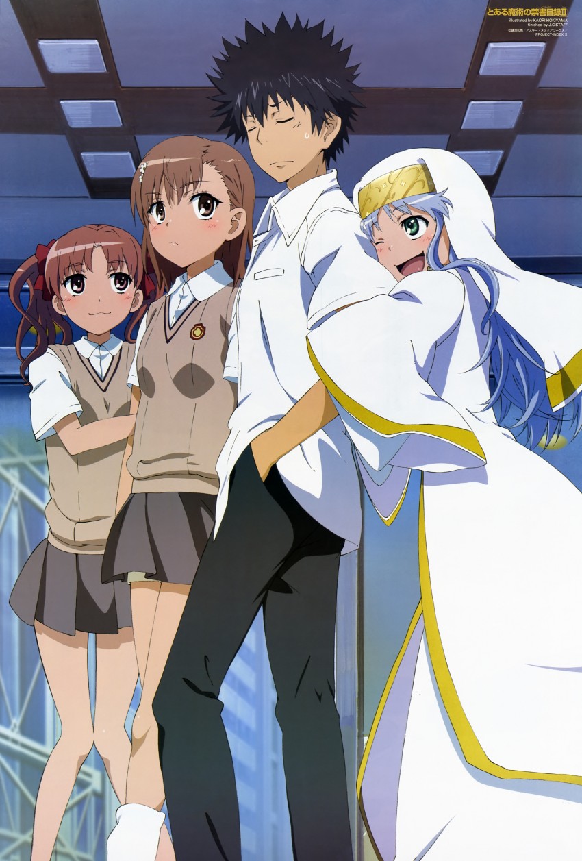 misaka mikoto, shirai kuroko, kamijou touma, and index (toaru majutsu no index and 1 more) drawn by hokiyama_kaori