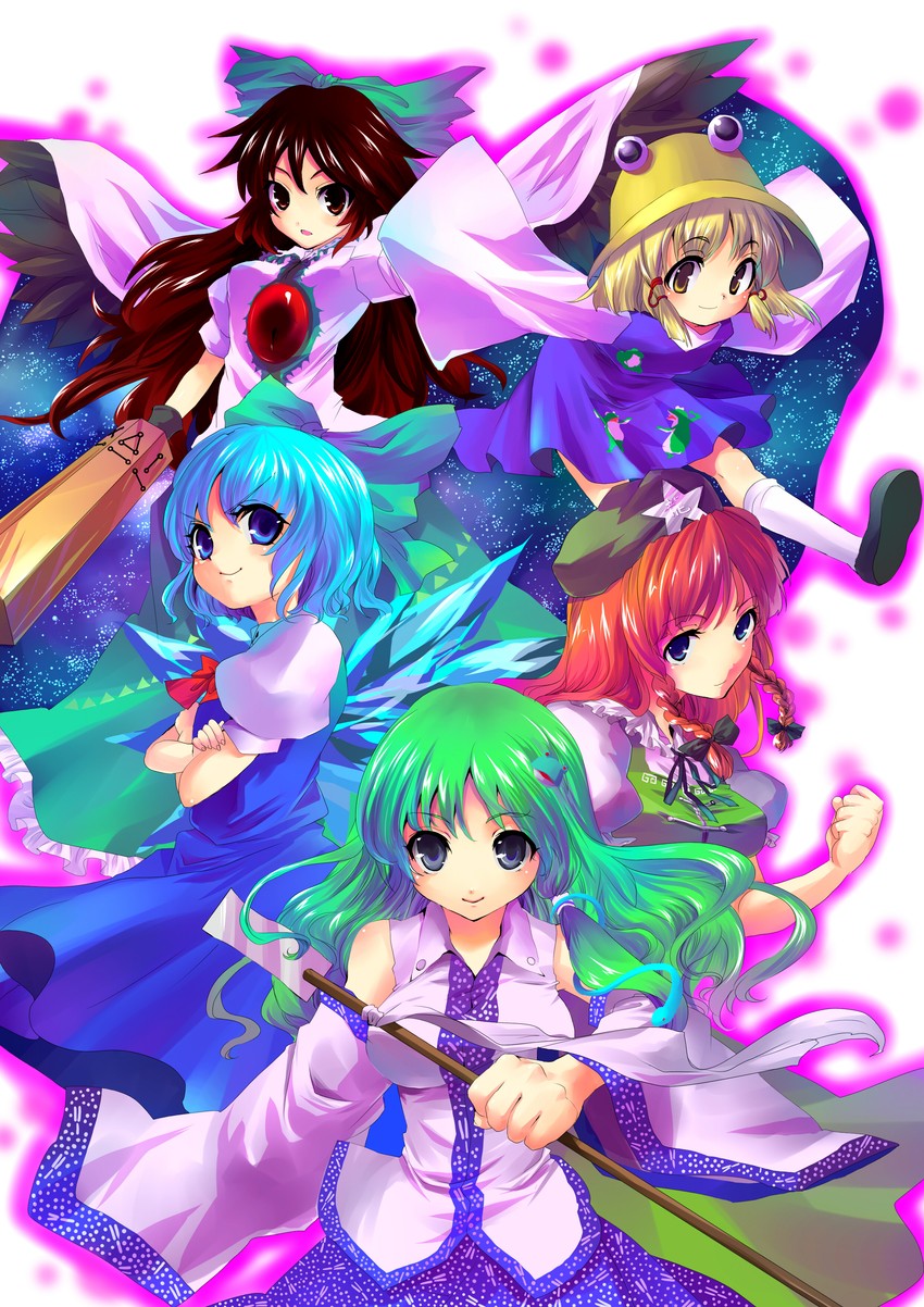 kochiya sanae, cirno, hong meiling, moriya suwako, and reiuji utsuho (touhou and 1 more) drawn by kobanzame