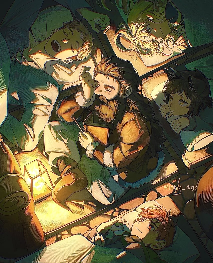 marcille donato, laios touden, senshi, chilchuck tims, and izutsumi (dungeon meshi) drawn by 2_blankk